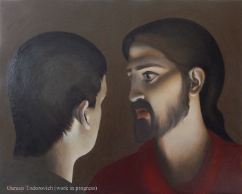 “Everyone that is of the truth hears my voice”<b>, oil on canvas glued on a wooden board, 40 x 50 cm <b>(work in progress)</b>.