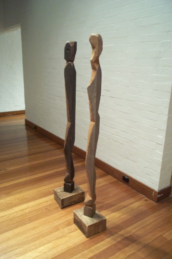 Adam and Eve, hardwood. Photograph from a solo exhibition entitled The Movement of the Body in a Stationary Object, Ivan Dougherty Gallery, Sydney, Australia 2002.