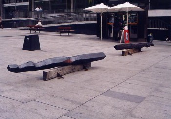 Ballerina Splits, hardwood. Photograph from a public group exhibition entitled Sculpture in the City, Martin Place, Sydney, Australia 2002.