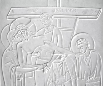 Deposition, marble relief (detail), 2000.