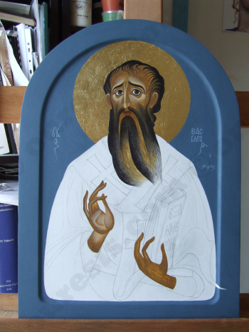 St Basil the Great, egg tempera on prepared wood (unfinished), 36 X 26 cm, 2016.