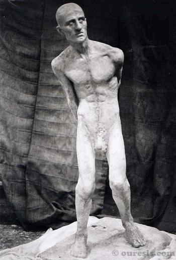 Untitled (life size naked human figure / self portrait). Plaster cast from clay sculpture, 1998.